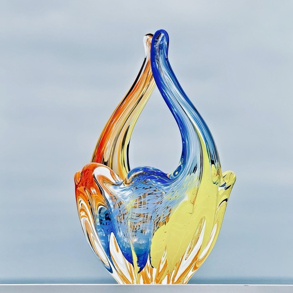 Art Glass Basket Josef Hospodka Attributed Chřibská Czech Blue Amber Yellow 9.5
